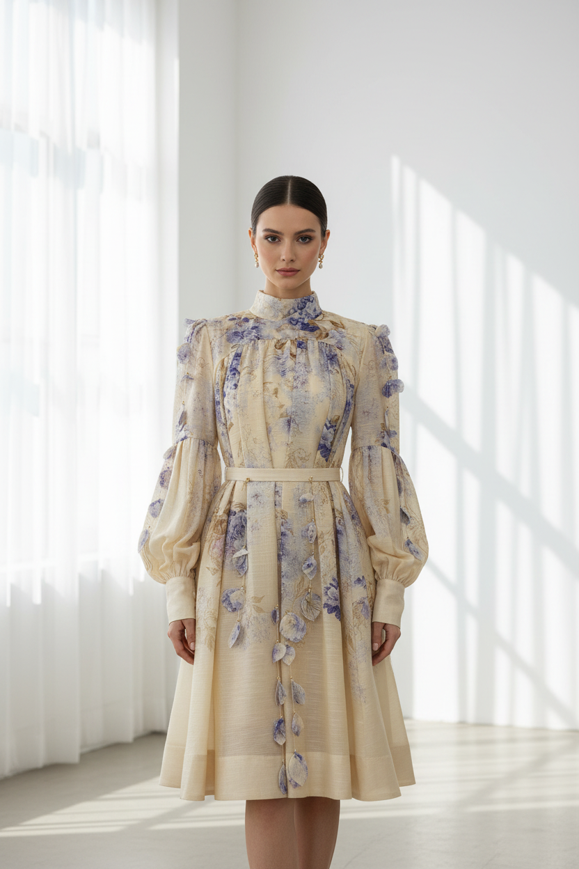 AURA PRINT ORGANZA DRESS WITH HANGING FLORALS