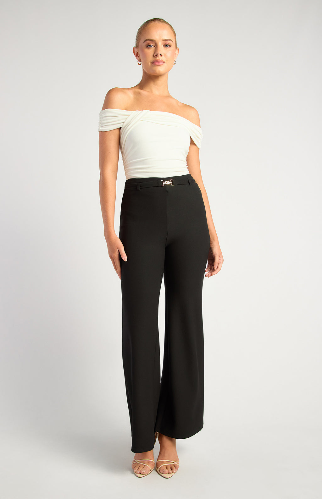 BOOT CUT JERSEY PANTS WITH GOLDEN BELT BUCKLE DETAIL