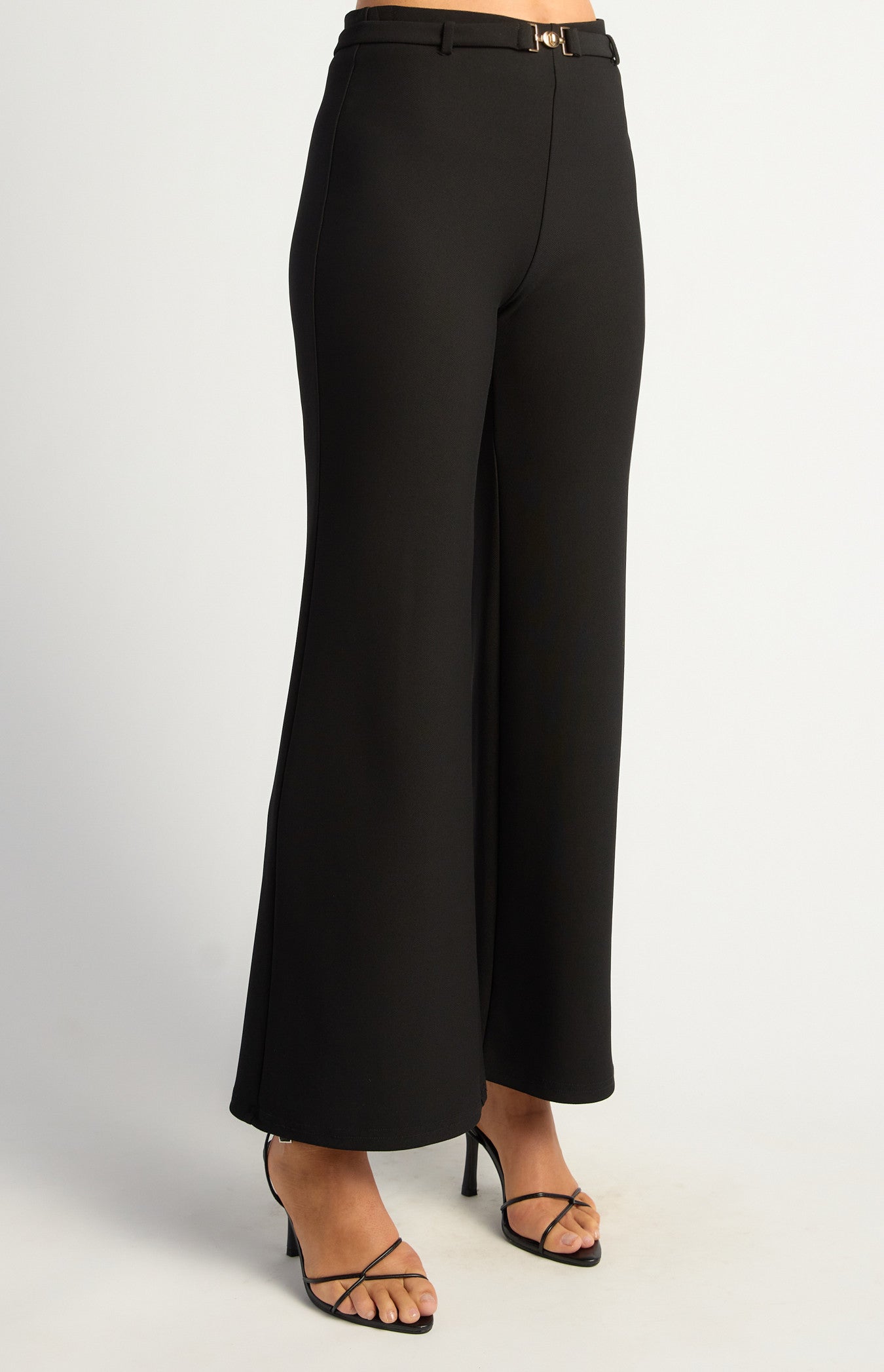 BOOT CUT JERSEY PANTS WITH GOLDEN BELT BUCKLE DETAIL