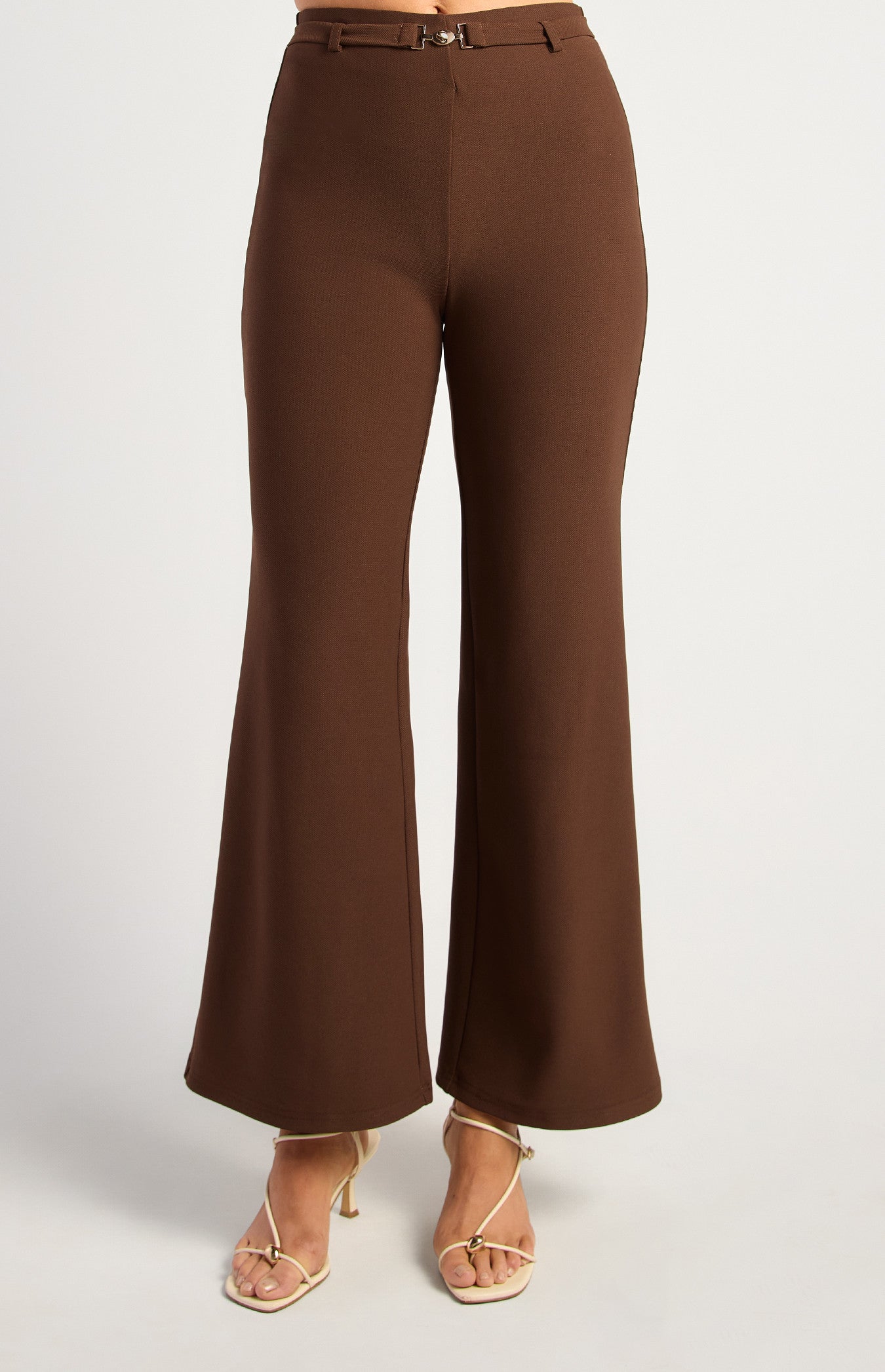 BOOT CUT JERSEY PANTS WITH GOLDEN BELT BUCKLE DETAIL