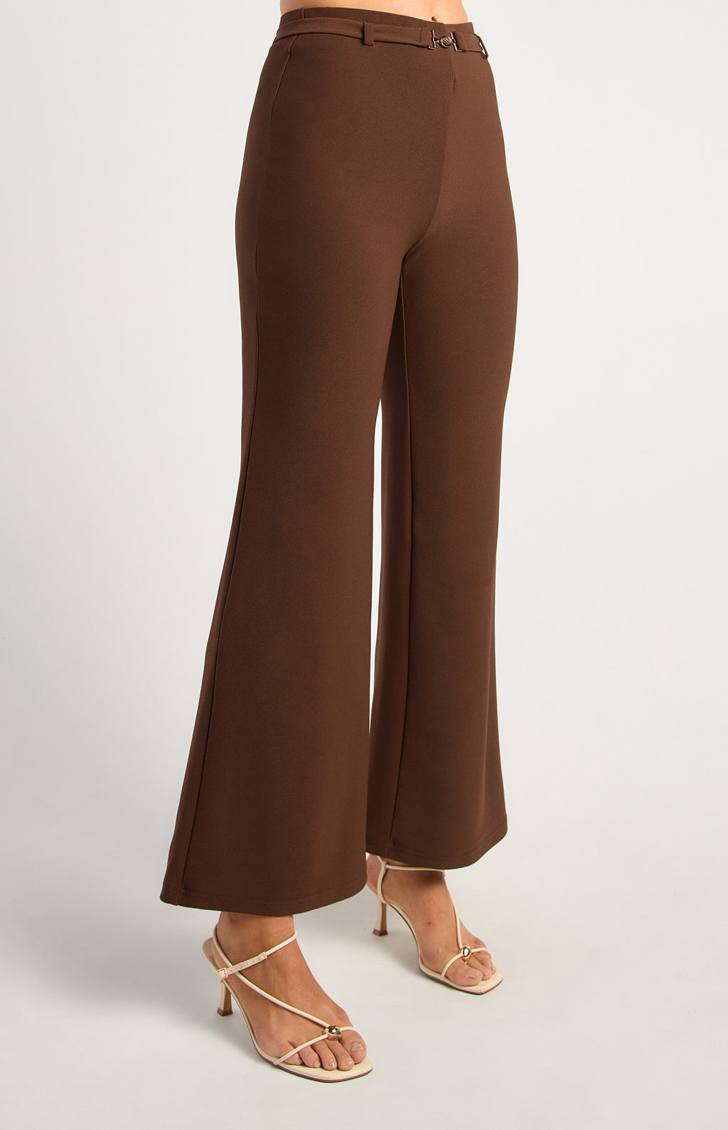 BOOT CUT JERSEY PANTS WITH GOLDEN BELT BUCKLE DETAIL