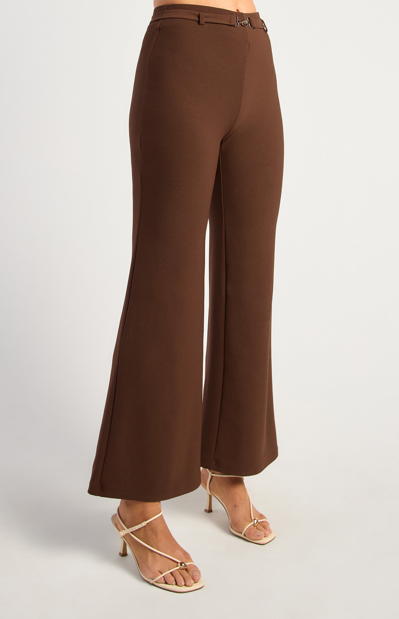BOOT CUT JERSEY PANTS WITH GOLDEN BELT BUCKLE DETAIL