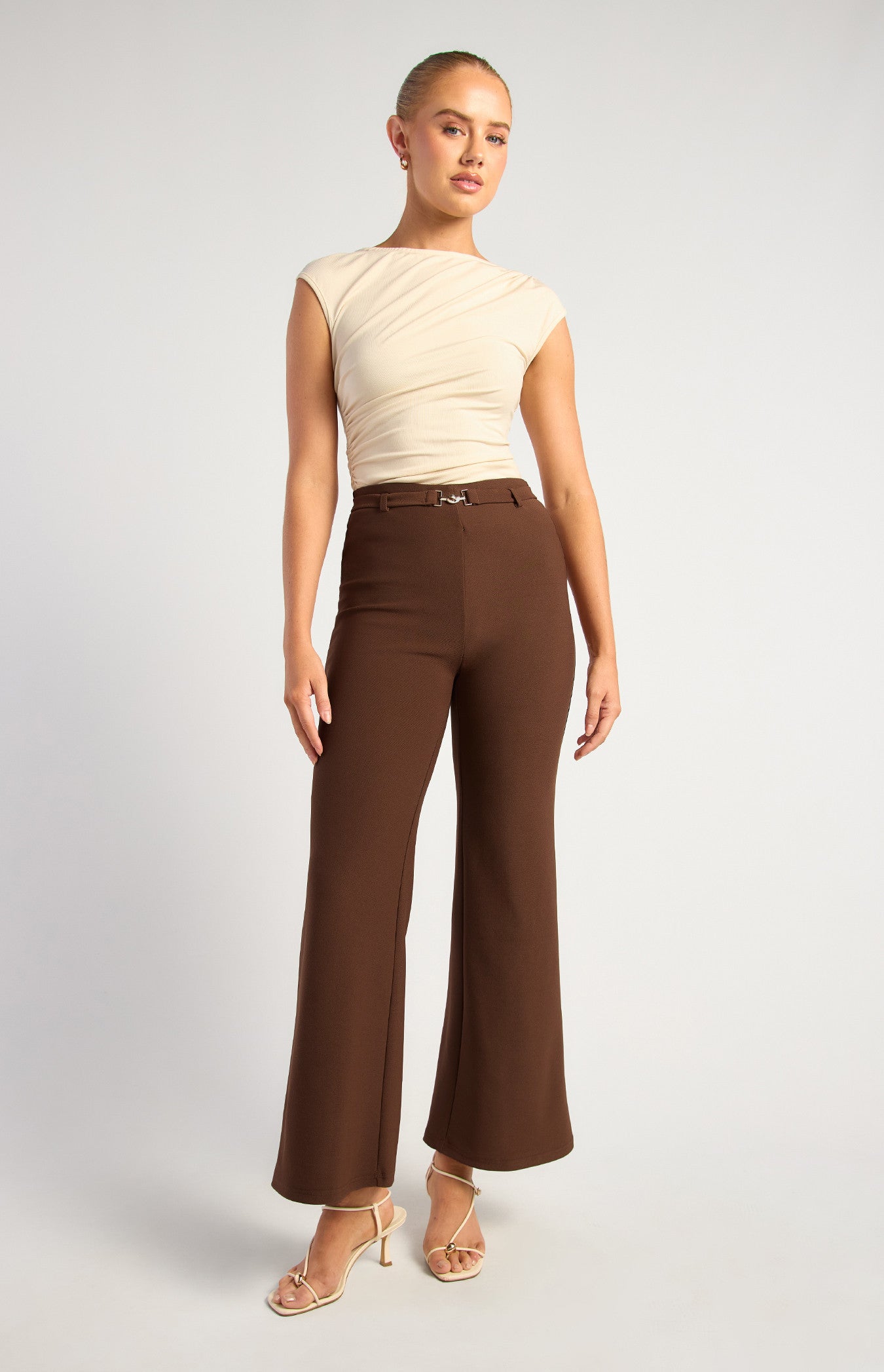 BOOT CUT JERSEY PANTS WITH GOLDEN BELT BUCKLE DETAIL