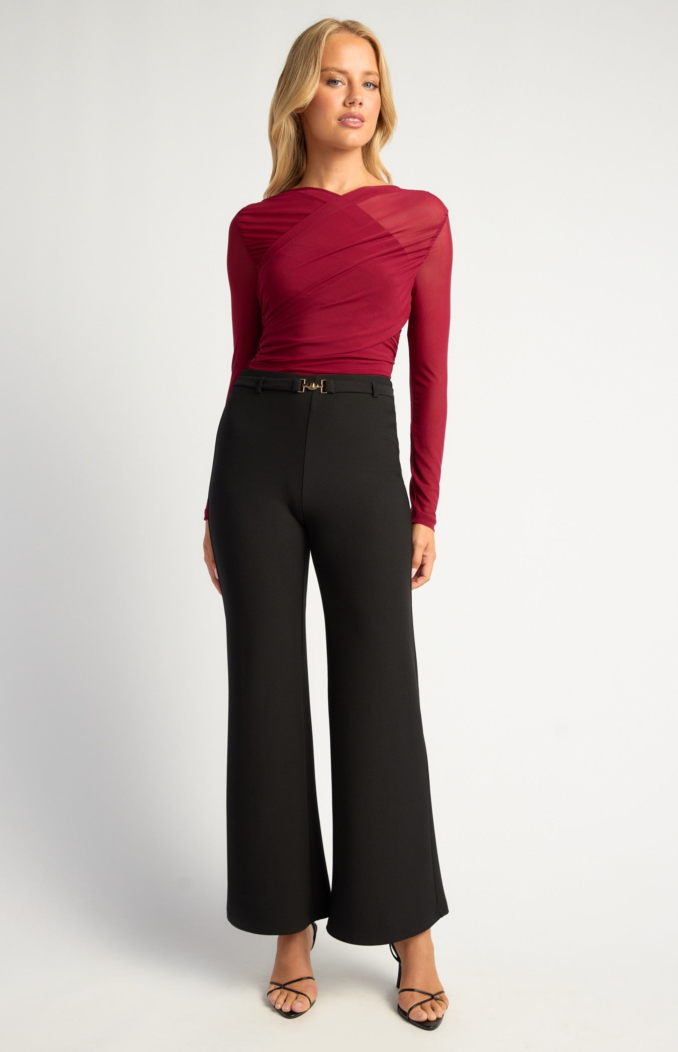 BOOT CUT JERSEY PANTS WITH GOLDEN BELT BUCKLE DETAIL
