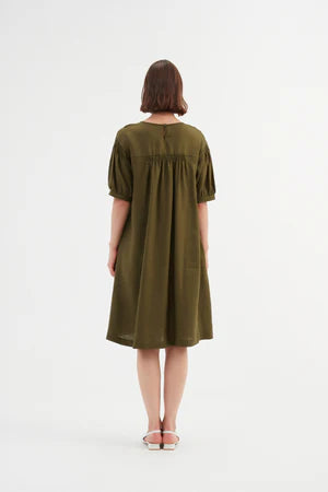 BISHOP SLEEVE SHIRRING DRESS