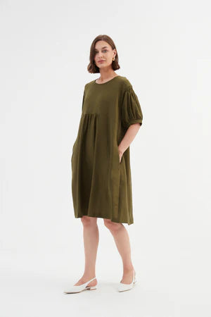 BISHOP SLEEVE SHIRRING DRESS