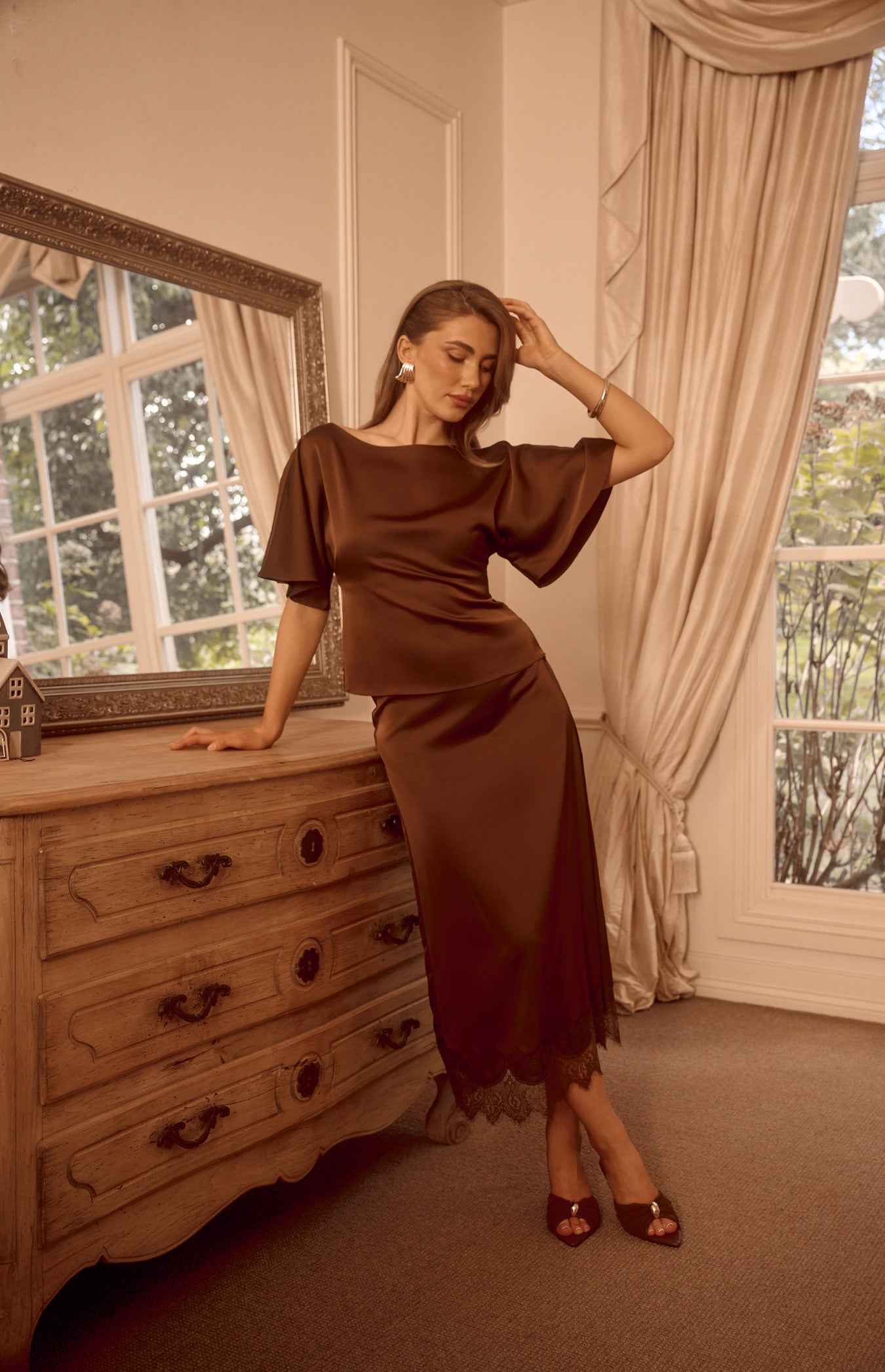 CAPE SLEEVE SATIN TOP