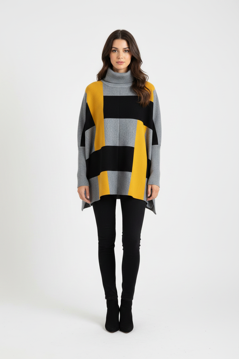 COLOUR BLOCK KNIT PONCHO