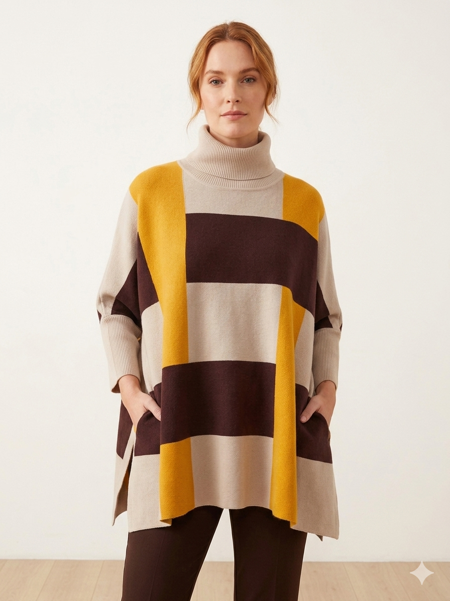 COLOUR BLOCK KNIT PONCHO