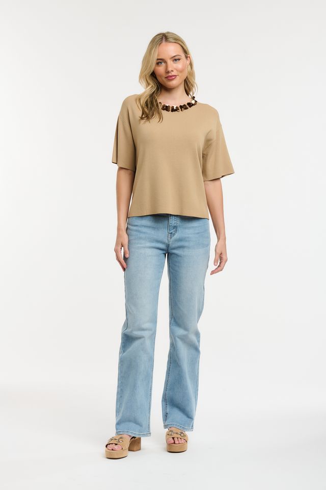 KNIT TOP SEQUIN NECK CAMEL