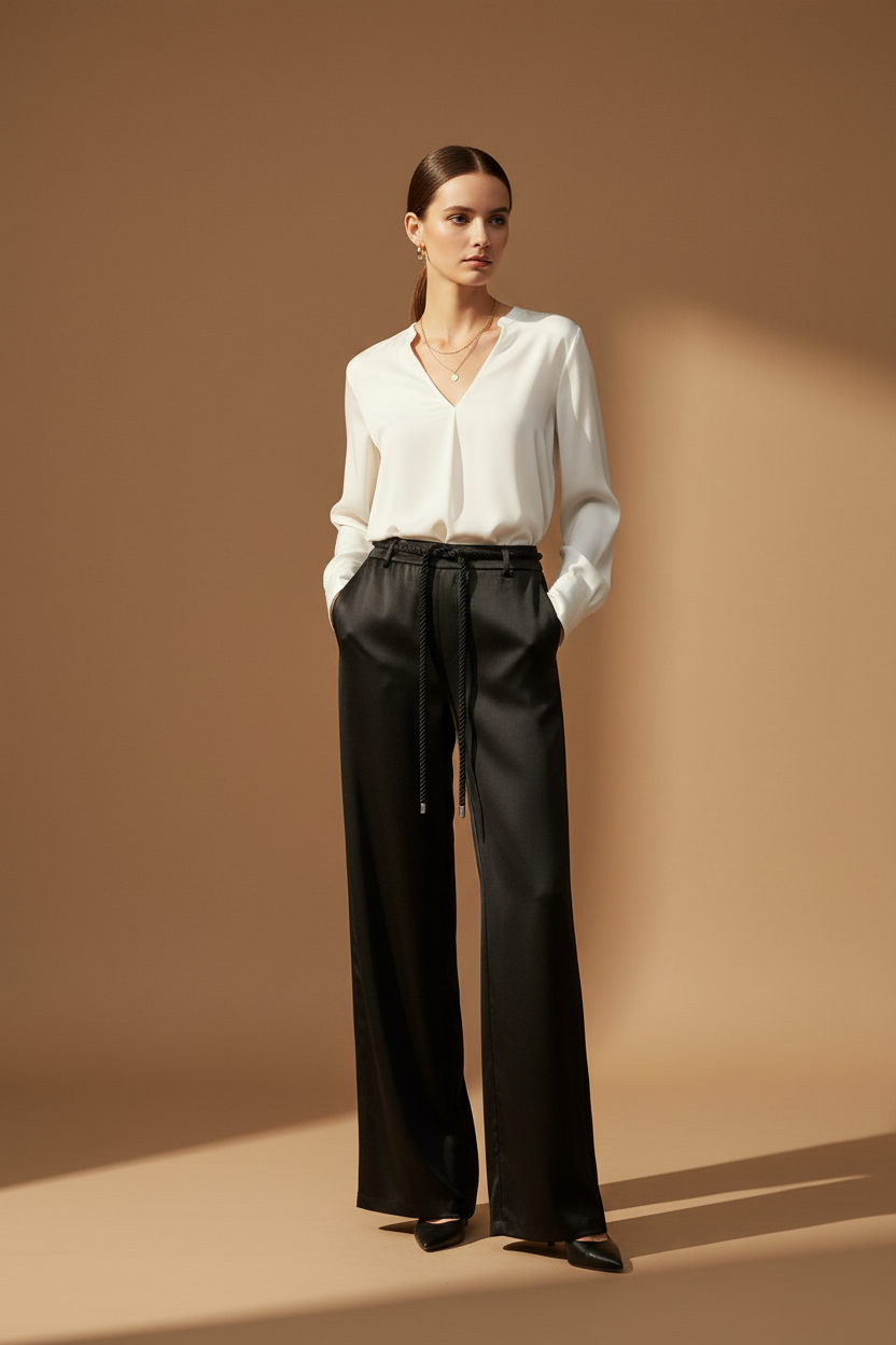 Rope belt Satin Wide-Leg Pants