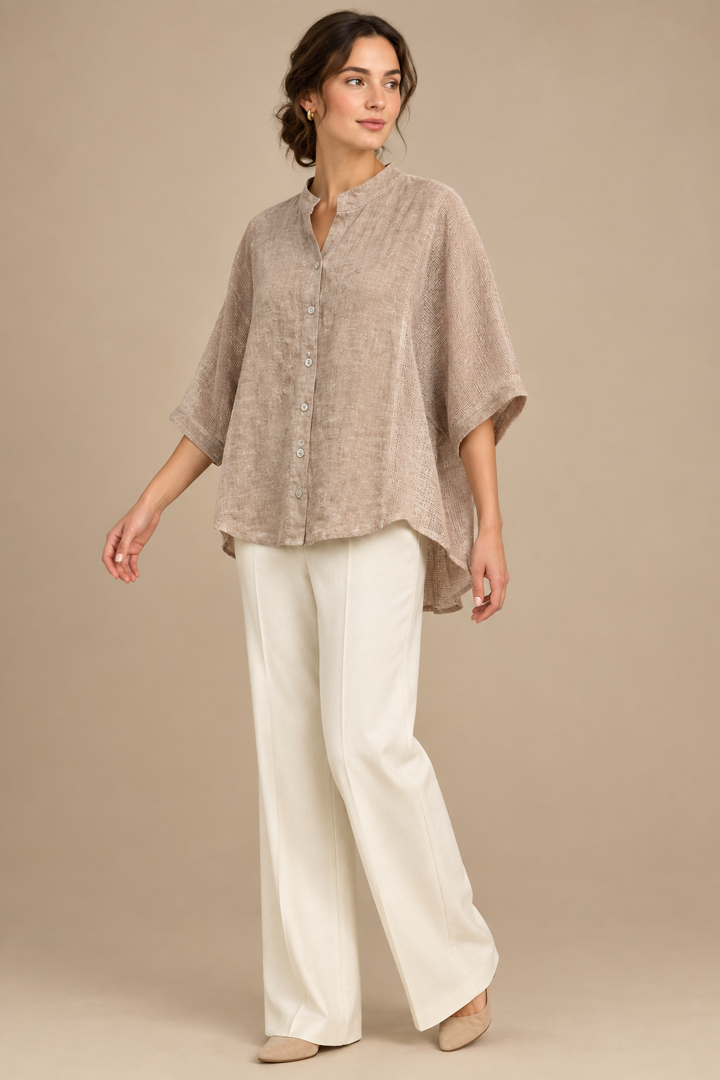 Almond linen top angled model view