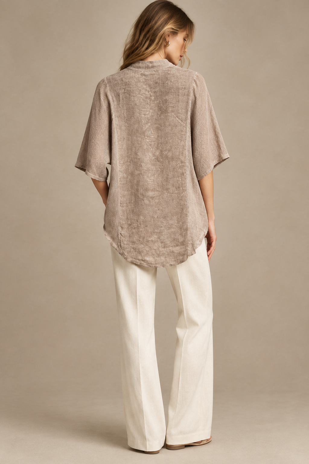 Almond linen top back model view