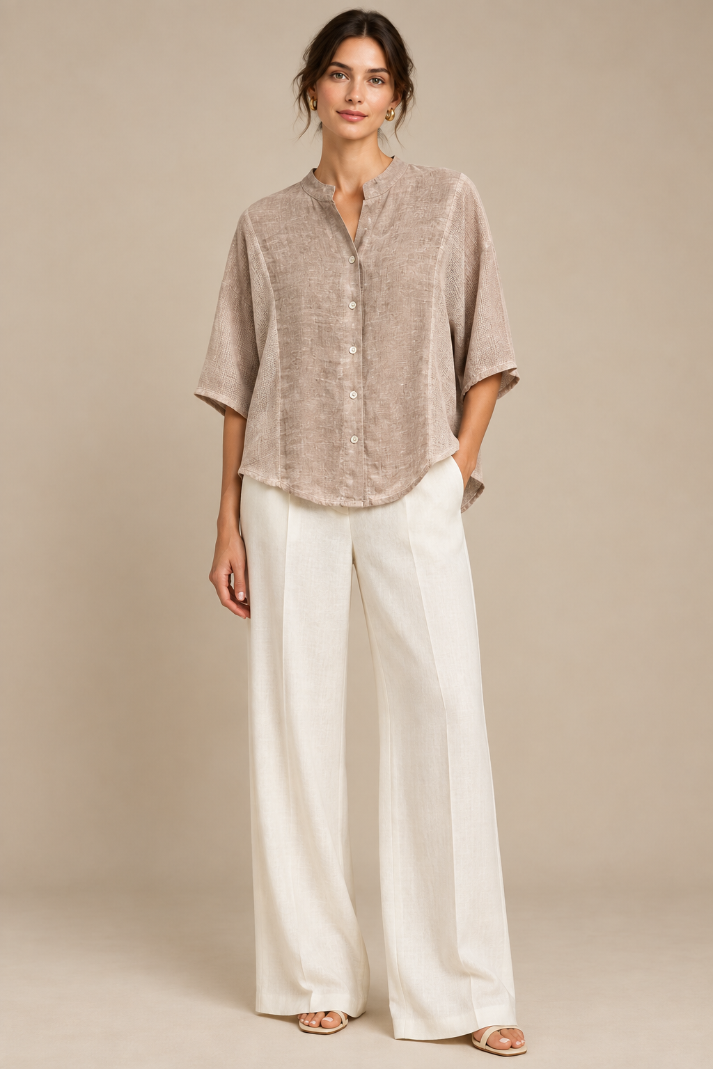 Almond linen top front model view