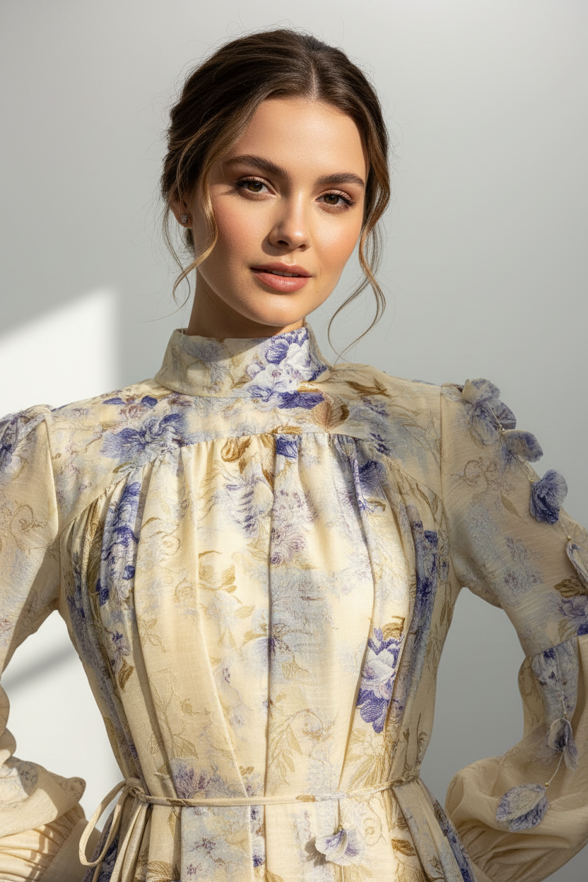 AURA PRINT ORGANZA DRESS WITH HANGING FLORALS