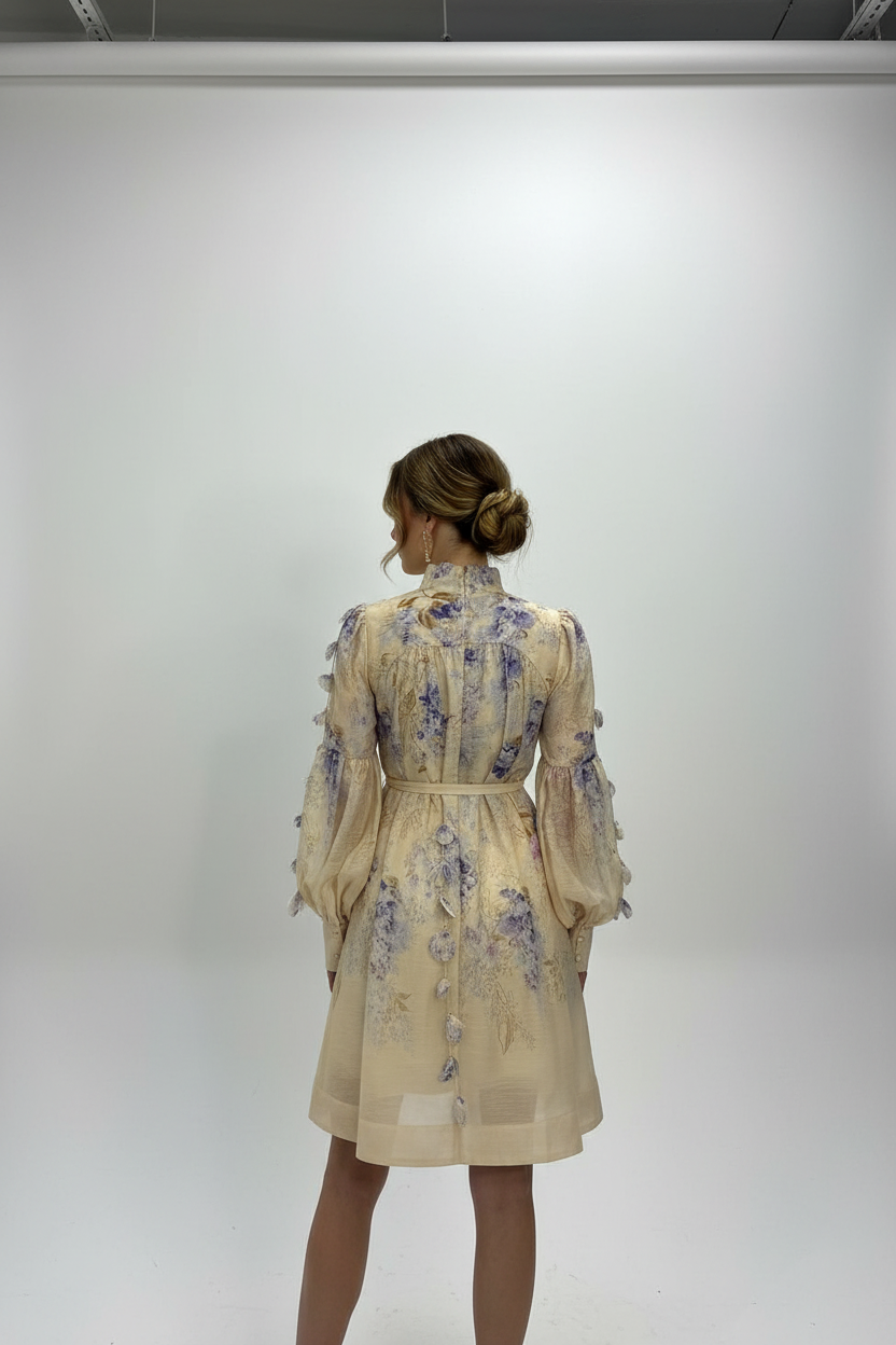 AURA PRINT ORGANZA DRESS WITH HANGING FLORALS