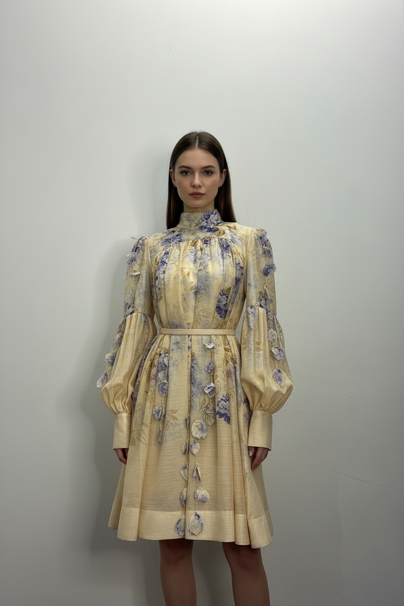 AURA PRINT ORGANZA DRESS WITH HANGING FLORALS