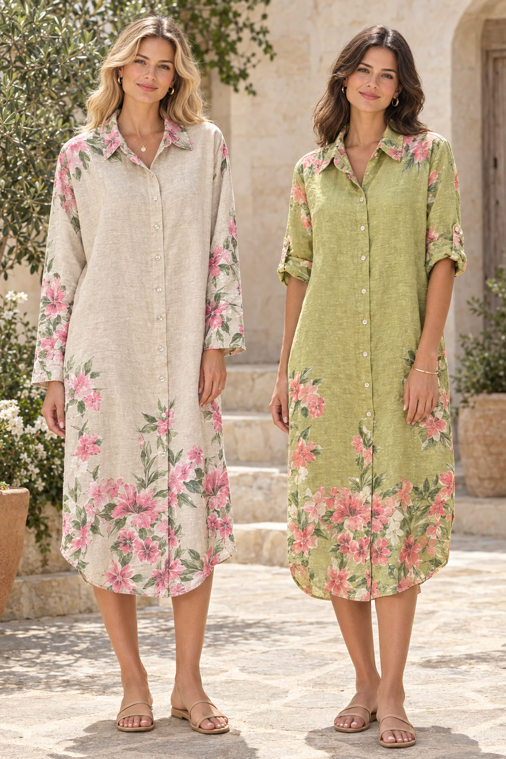Beige and pistachio Harper dresses on two models in a sunlit courtyard