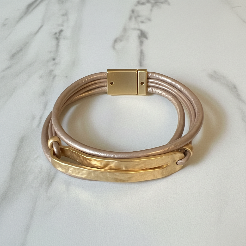 Beige Leather Gold Bar Bracelet – Flat Lay Corrected