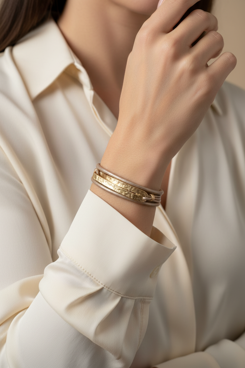 Beige Leather Gold Bar Bracelet – On Model