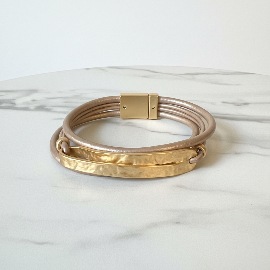 Beige Leather Gold Bar Bracelet – Side Profile Corrected