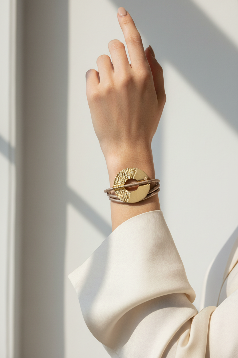 Beige Leather Gold Disc Bracelet – On Model
