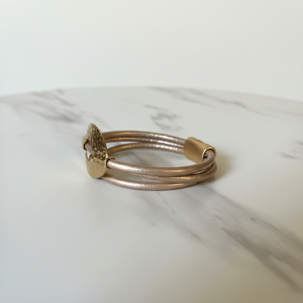Beige Leather Gold Disc Bracelet – Side Profile
