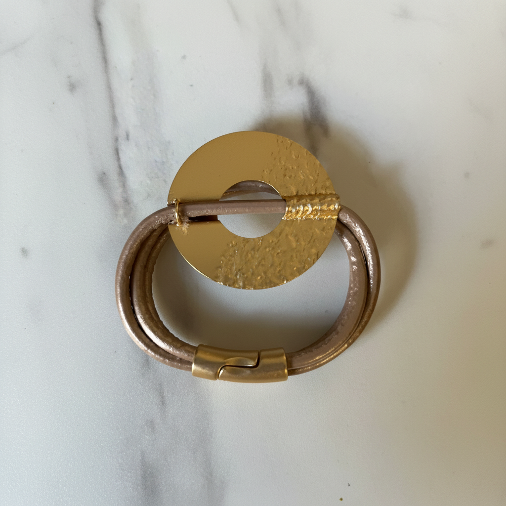Beige Leather Gold Disc Bracelet – Top View