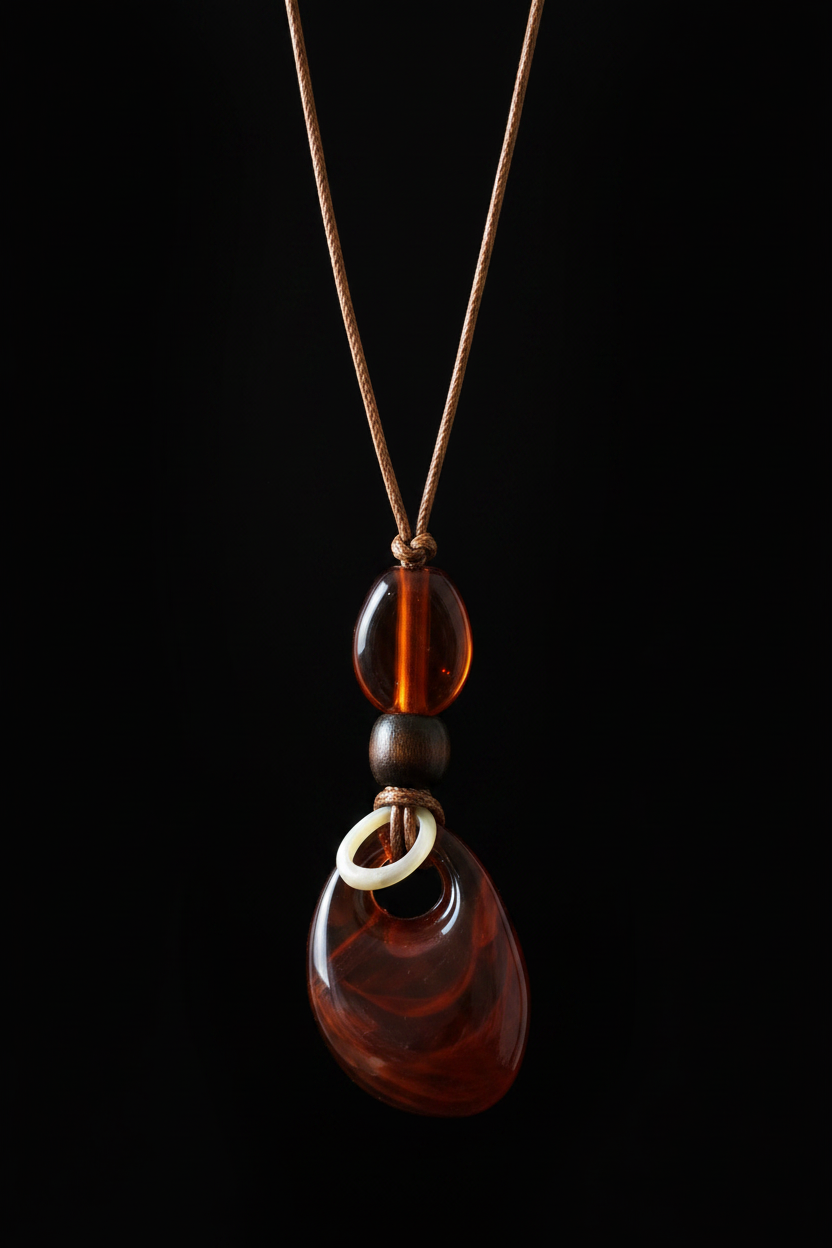 Black background amber resin teardrop pendant necklace detail