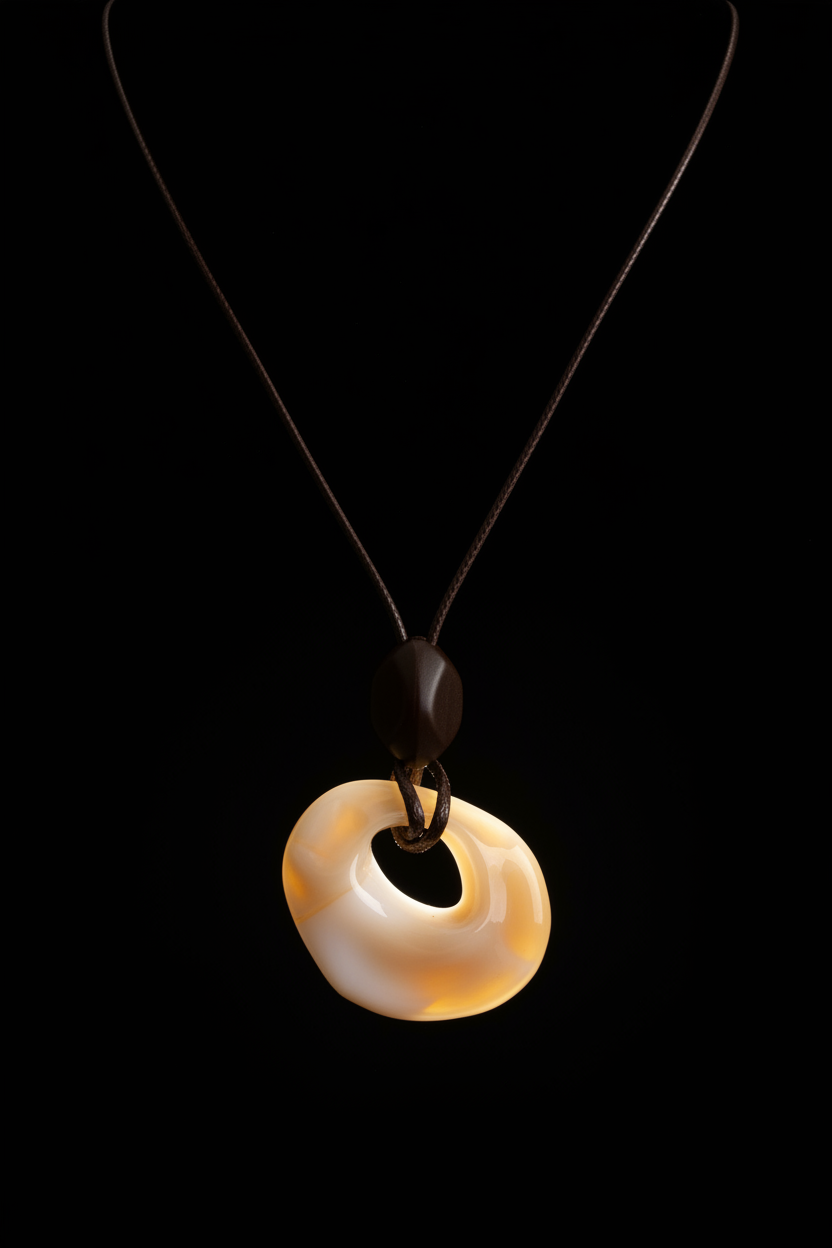 Black background cream twisted donut pendant dark cord necklace