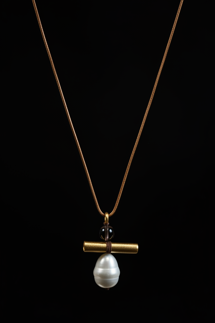 Black background gold bar baroque pearl lariat necklace