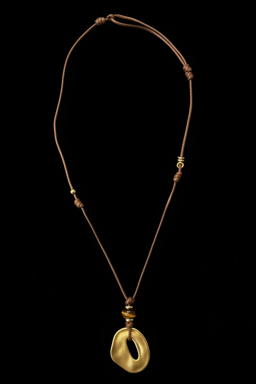 Black background gold open oval cord necklace