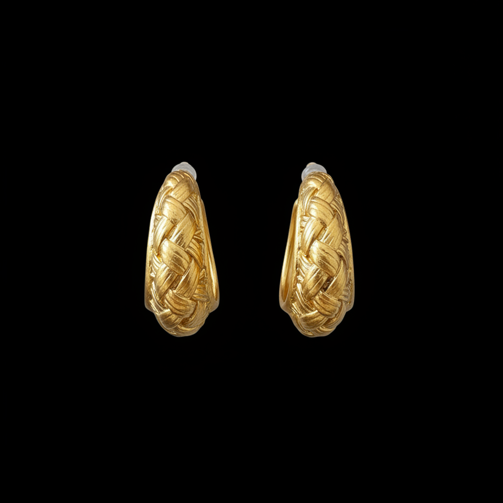 Black background gold woven oval hoop earrings