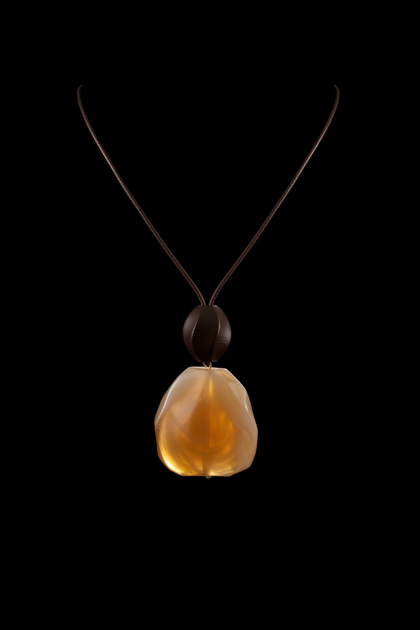 Black background honey resin stone pendant dark cord necklace