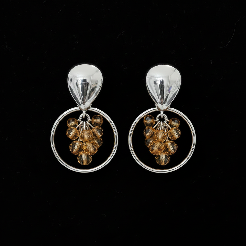 Black background silver amber crystal hoop drop earrings