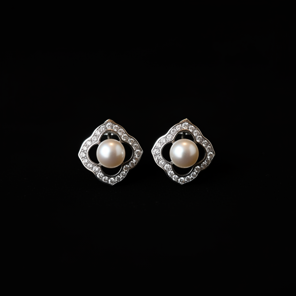 Black background silver crystal quatrefoil pearl stud earrings