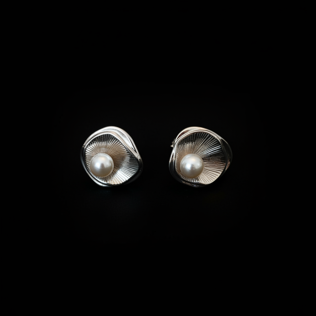Black background silver flower pearl stud earrings