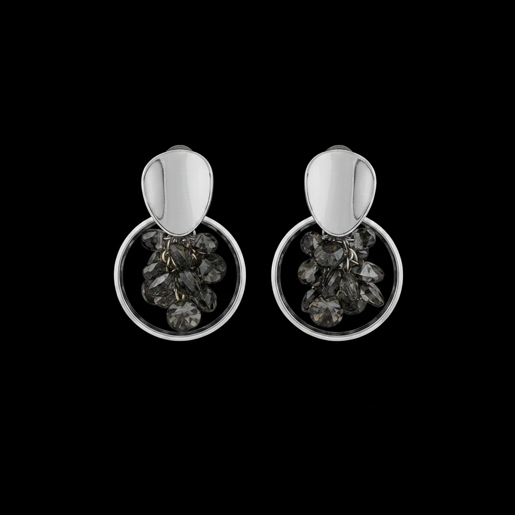 Black background silver grey crystal hoop drop earrings corrected