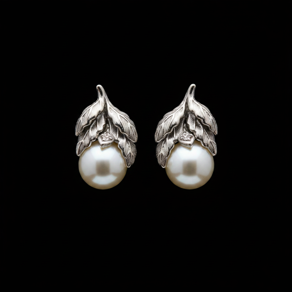 Black background silver leaf pearl drop earrings