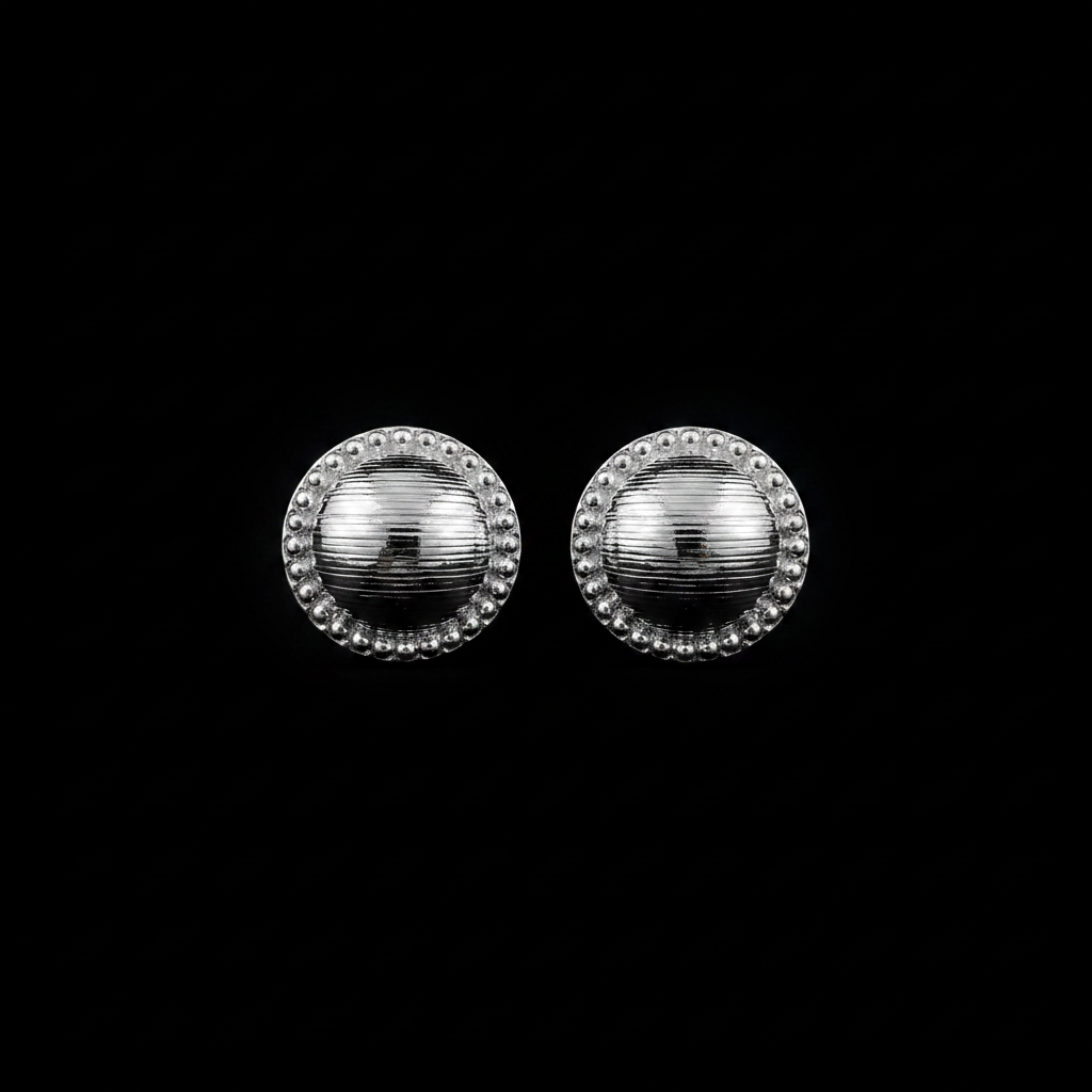 Black background silver ribbed dome bead border stud earrings