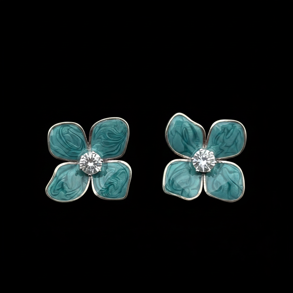 Black background teal marbled flower crystal stud earrings