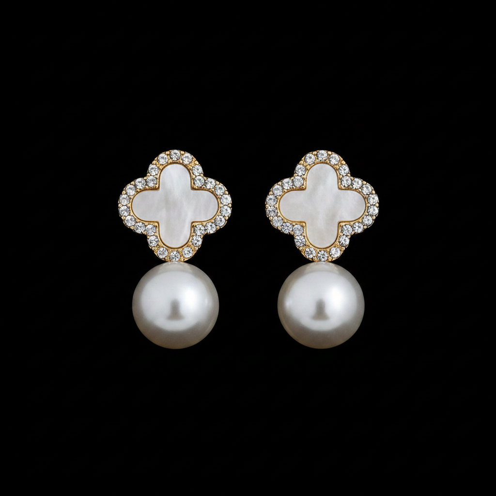 Black background white clover crystal pearl drop earrings