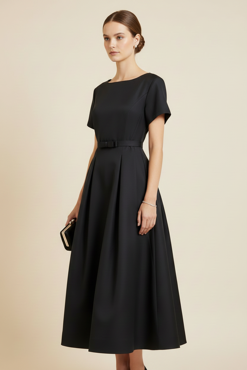 Black Bow Belt Dress - Three Quarter
