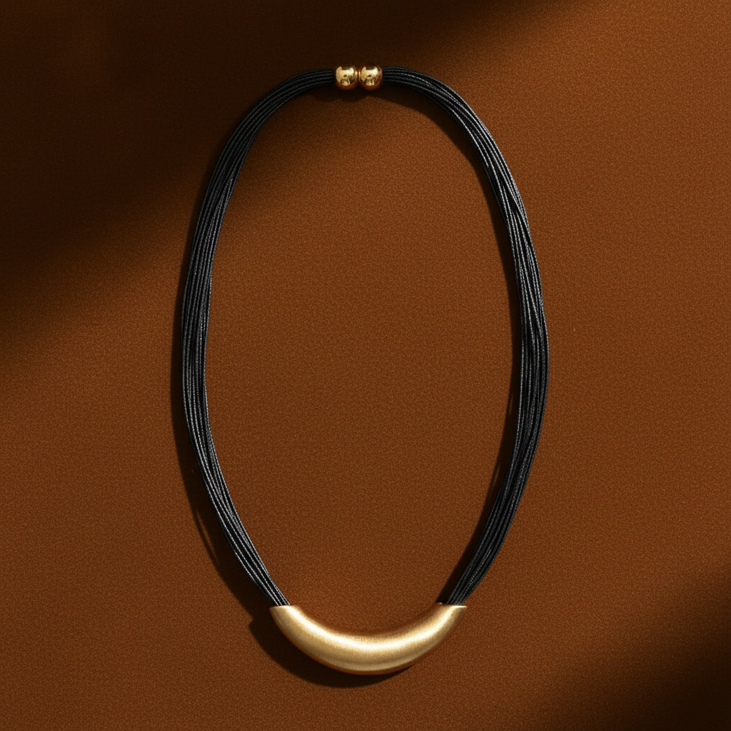 Black Cord Gold Arc Necklace – Amber Background