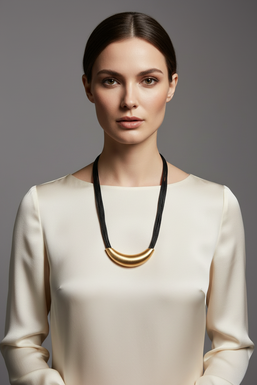Black Cord Gold Arc Necklace – Model Light Outfit