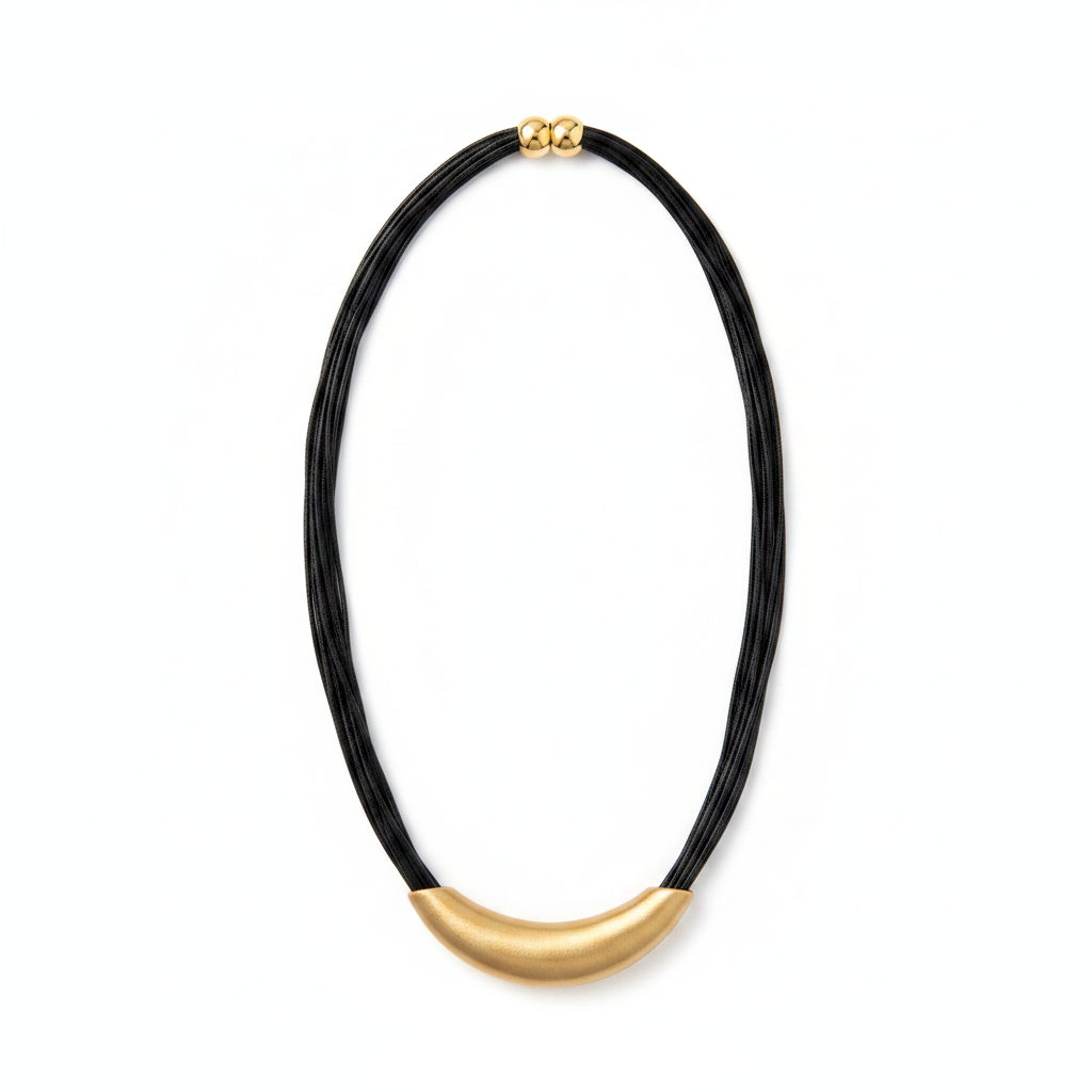 Black Cord Gold Arc Necklace – White Studio
