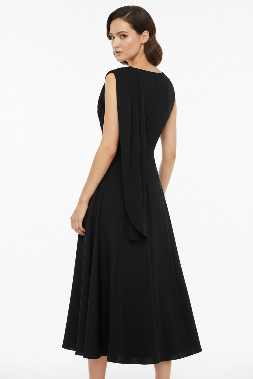 Black Draped Cowl Neck Dress - Back