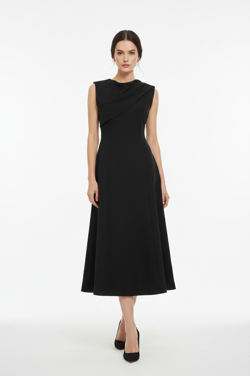 Black Draped Cowl Neck Dress - Front