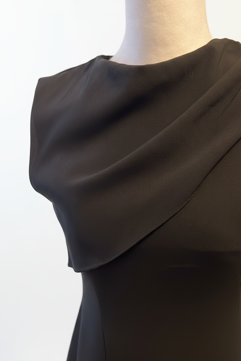 Black Draped Cowl Neck Dress - Neckline Detail