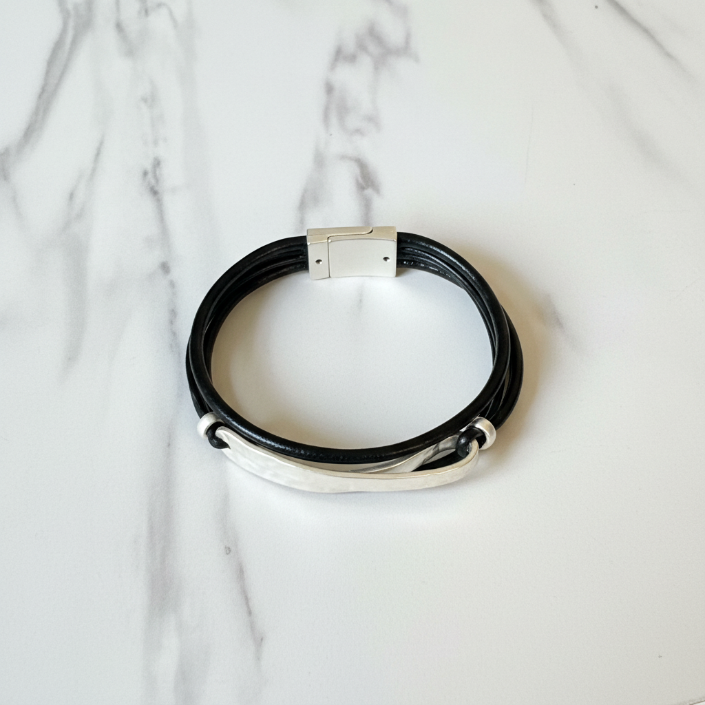 Black Leather Silver Bar Bracelet – Flat Lay
